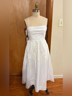 Babaton White Strapless Pleated Bodice Midi Dress